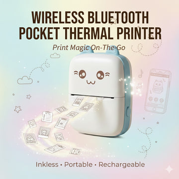 Wireless Bluetooth Pocket Thermal Printer, Inkless, USB Rechargeable, for Labels, Photos & Receipts + 1 Paper Roll Included