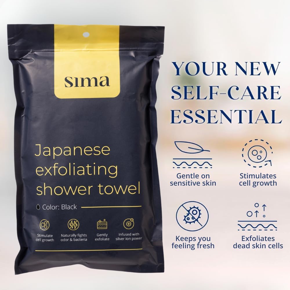 Sima Japanese Exfoliating Face & Body Scrub Towel – Infused with Silver Ion Power (Black)